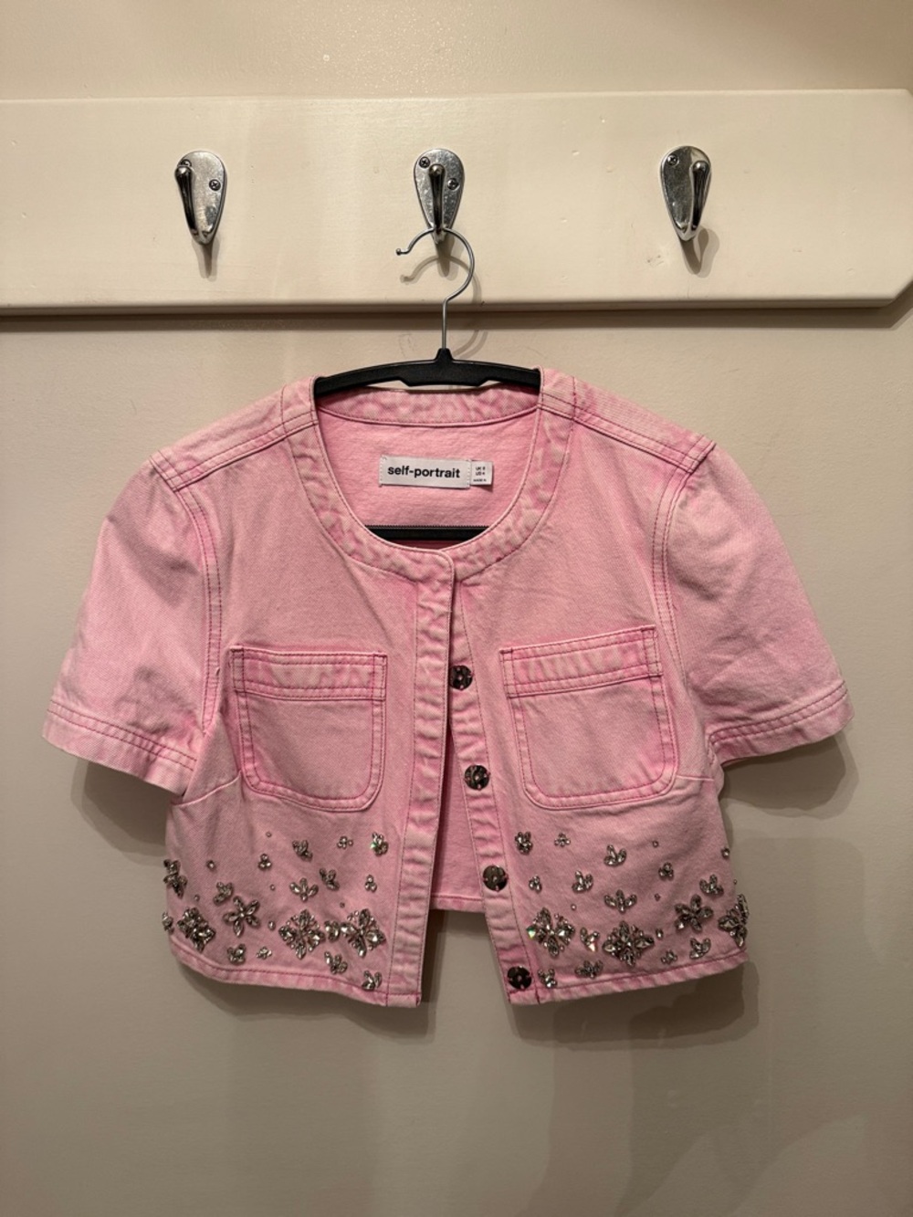 Self-Portrait Pink Embellished Cropped Jean Jacket